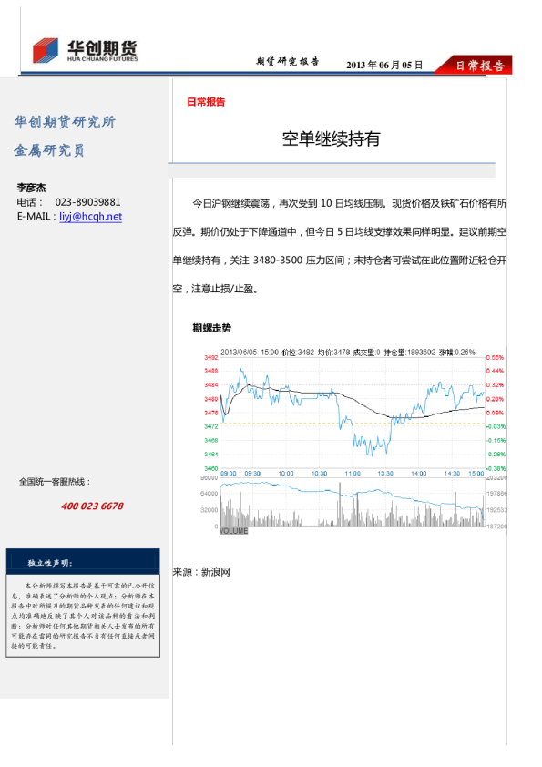 螺纹钢日常报告：空单继续持有