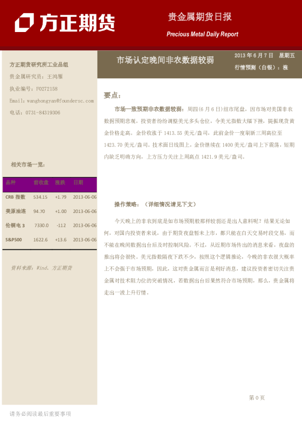 贵金属期货日报：市场认定晚间非农数据较弱