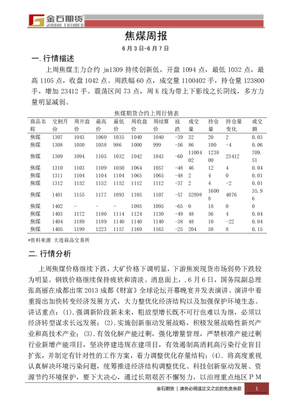 金石期货焦煤周报