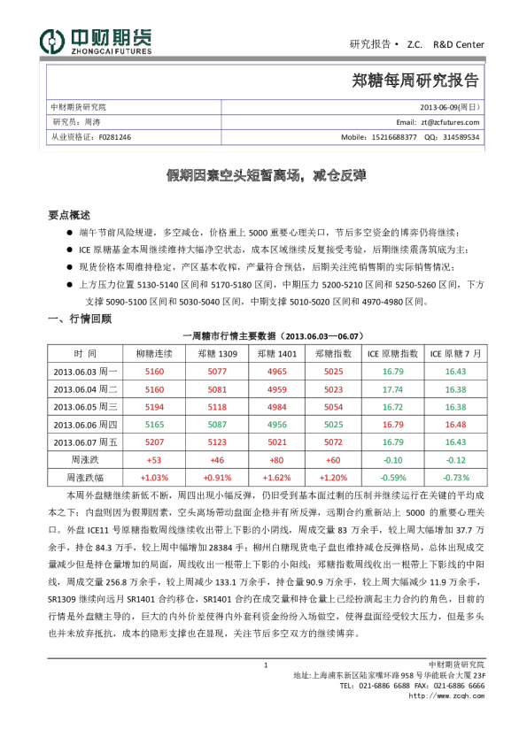 中财期货郑糖每周研究报告：假期因素空头短暂离场,减仓反弹