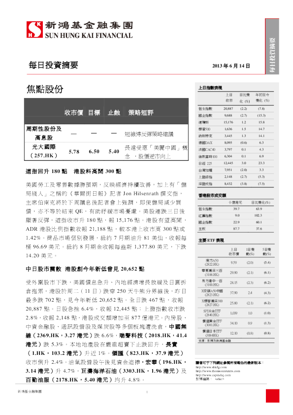 新鸿基每日投资摘要