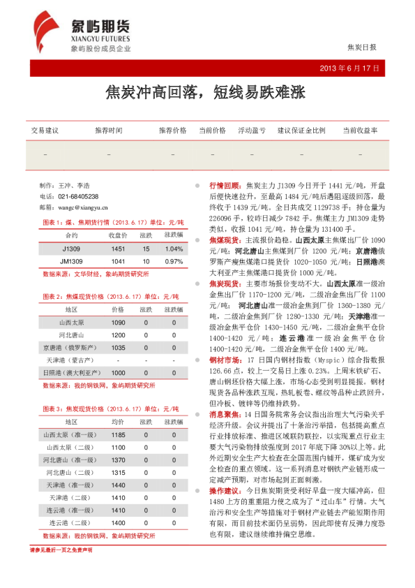 象屿期货日报：焦炭冲高回落,短线易跌难涨