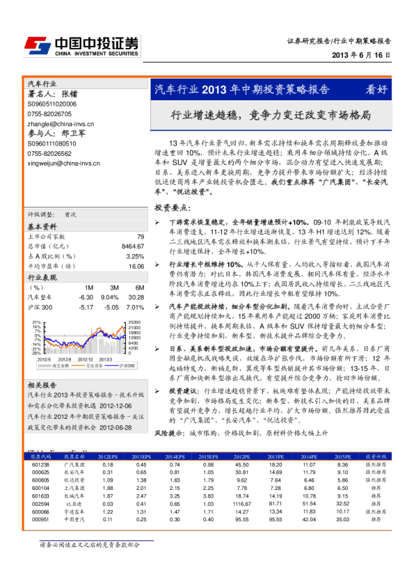 汽车行业2013年中期投资策略报告：行业增速趋稳,竞争力变迁改变市场格局