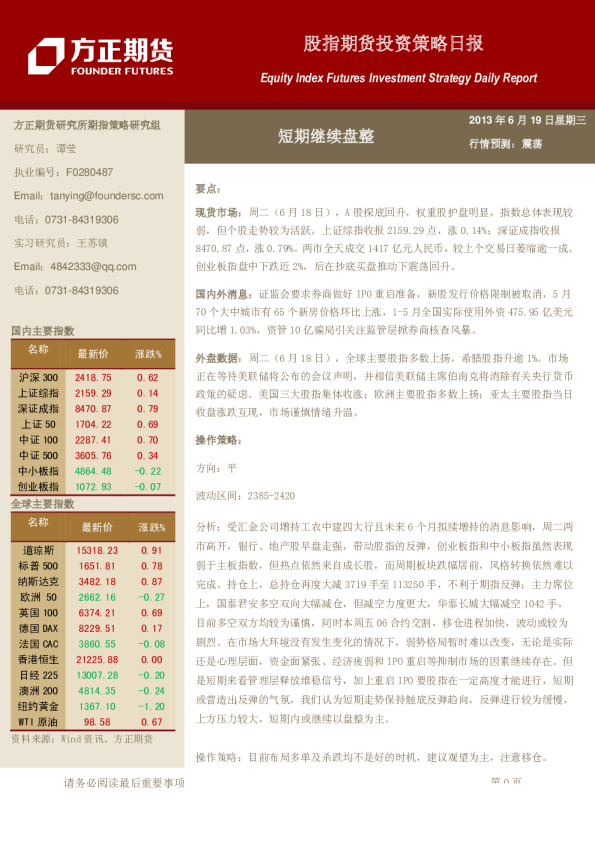 股指期货日报：短期继续盘整