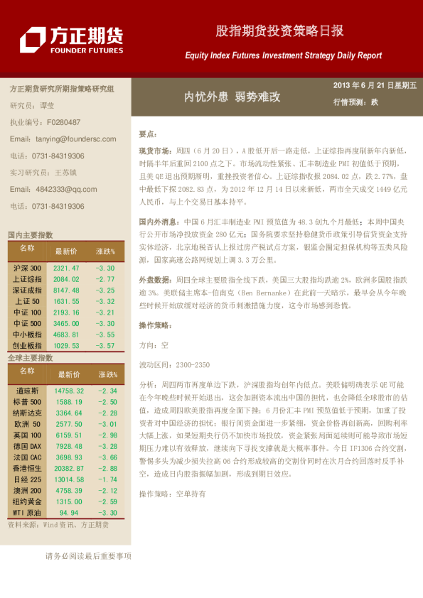 股指期货日报：内忧外患,弱势难改