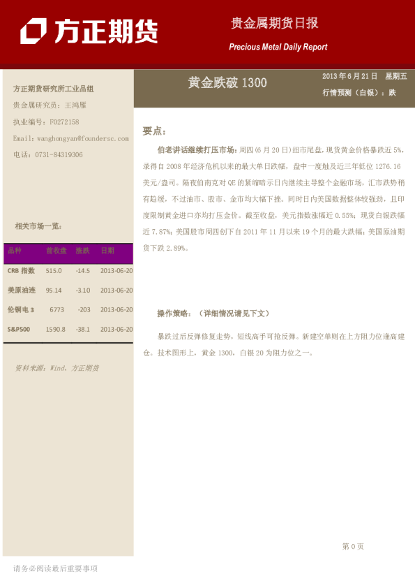 贵金属日报：黄金跌破1300
