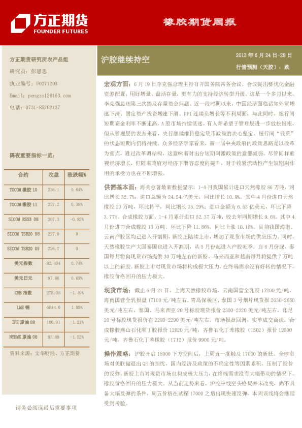 橡胶周报：沪胶继续持空