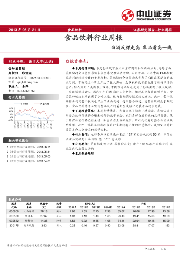 食品饮料行业周报：白酒反弹走高乳品看高一线