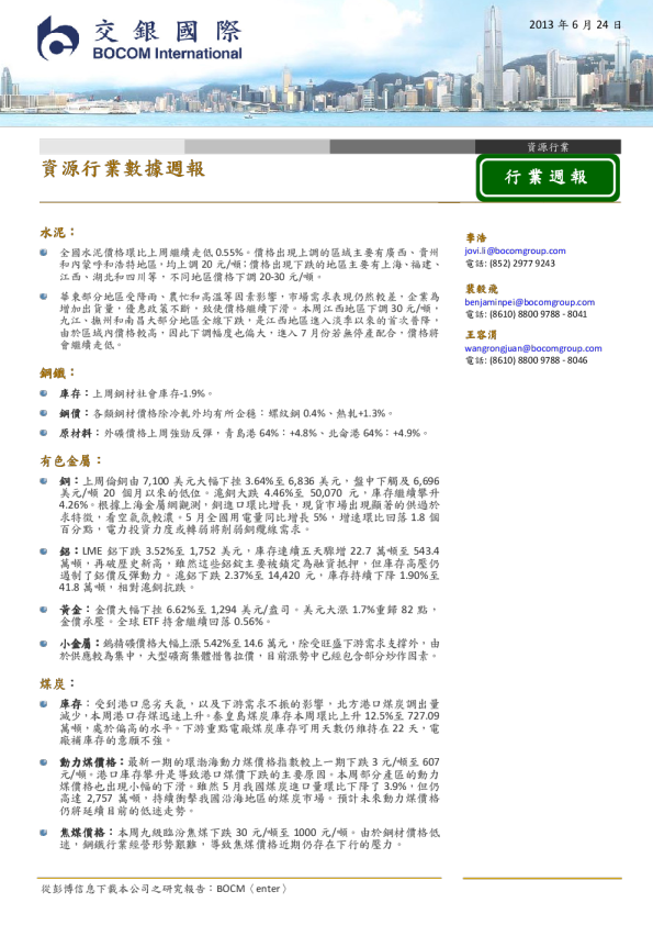 资源行业数据周报