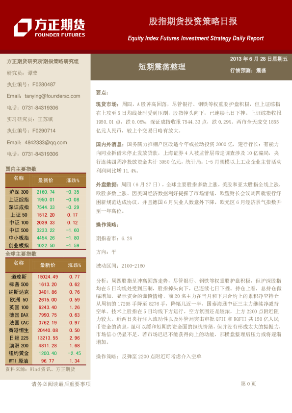 股指期货投资策略日报：短期震荡整理