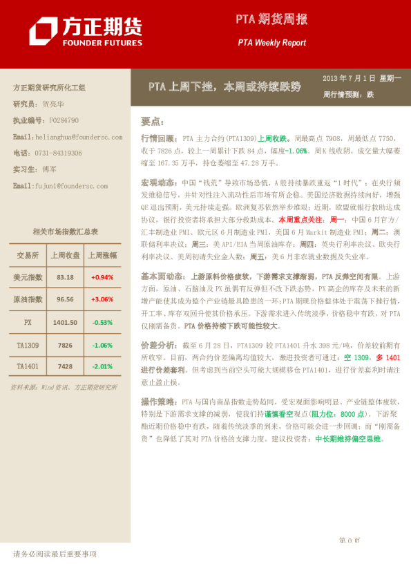 PTA期货周报：PTA上周下挫,本周或持续跌势
