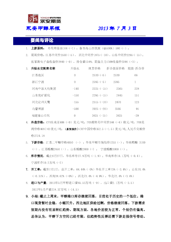 永安期货甲醇早报