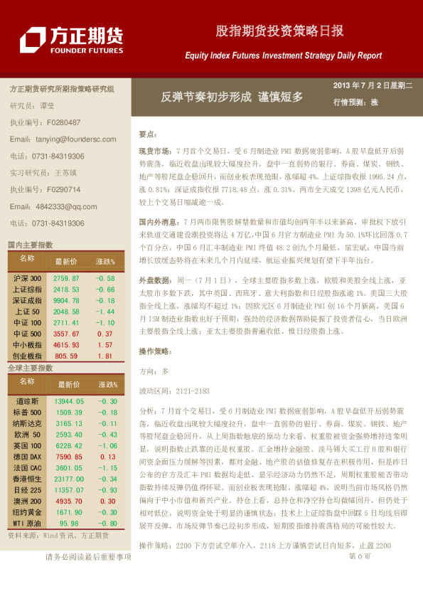 方正期货股指期货投资策略日报：反弹节奏初步形成,谨慎短多