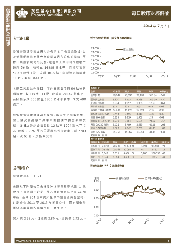 英皇证券每日股市财经评论