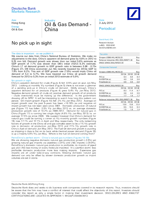 Oil & Gas Demand-China：No pick up in sight