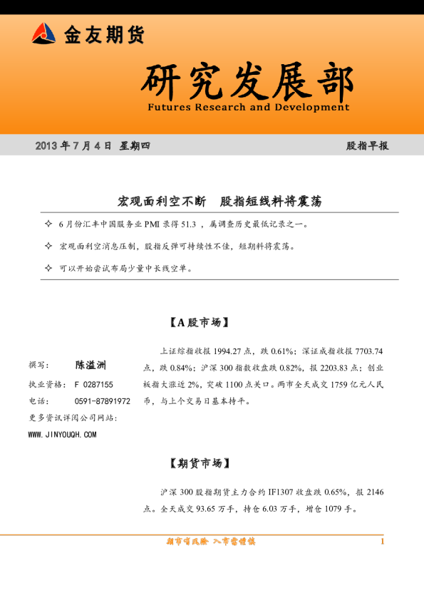 金友期货股指早报