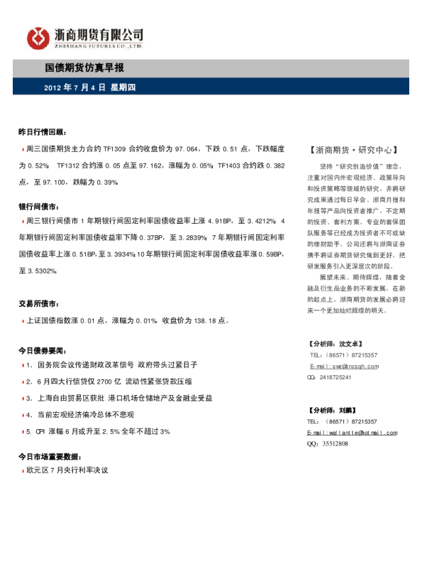 国债期货仿真早报