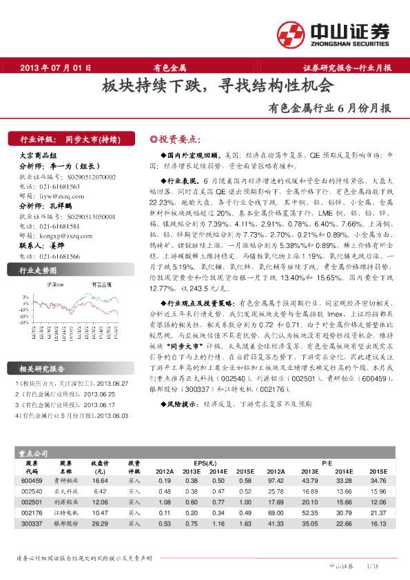 有色金属行业6月报：板块持续下跌,寻找结构性机会