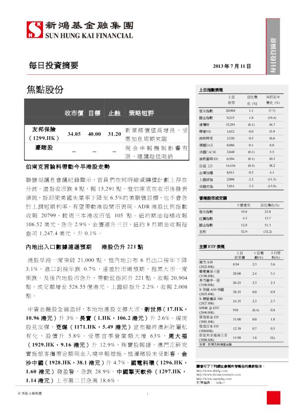新鸿基每日投资摘要
