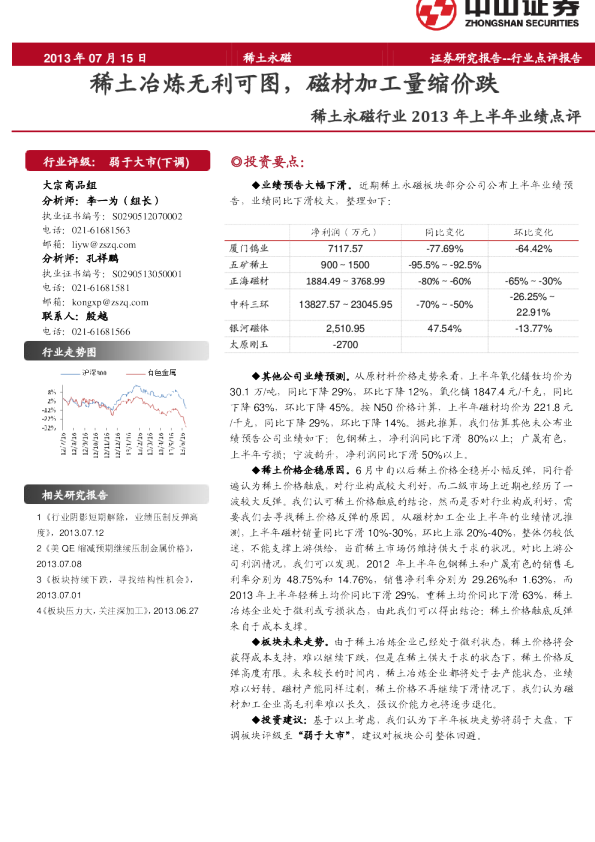 稀土永磁行业：稀土冶炼无利可图,磁材加工量缩价跌