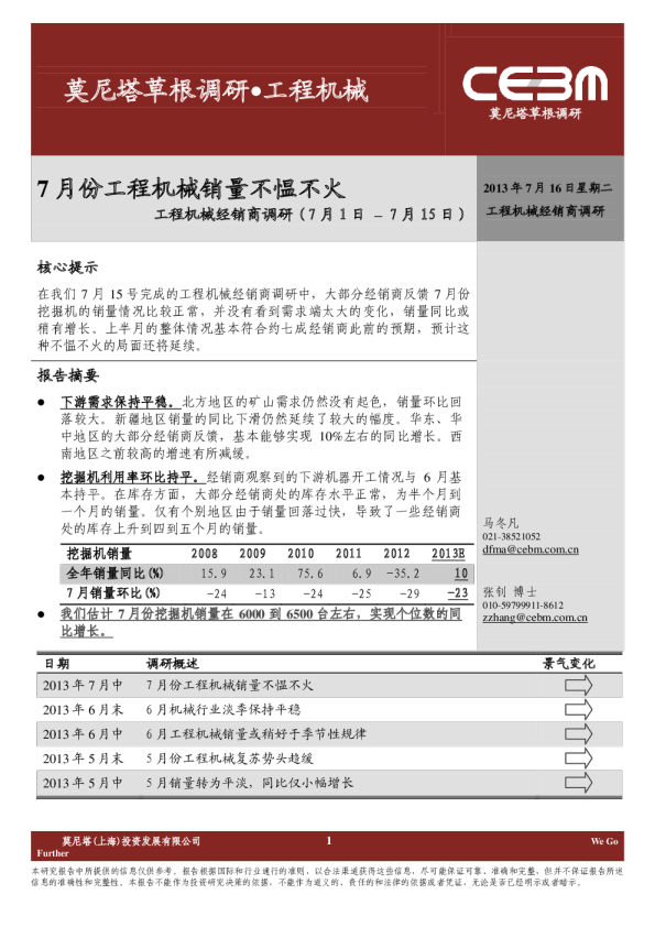 工程机械行业经销商调研：7月份销量不愠不火