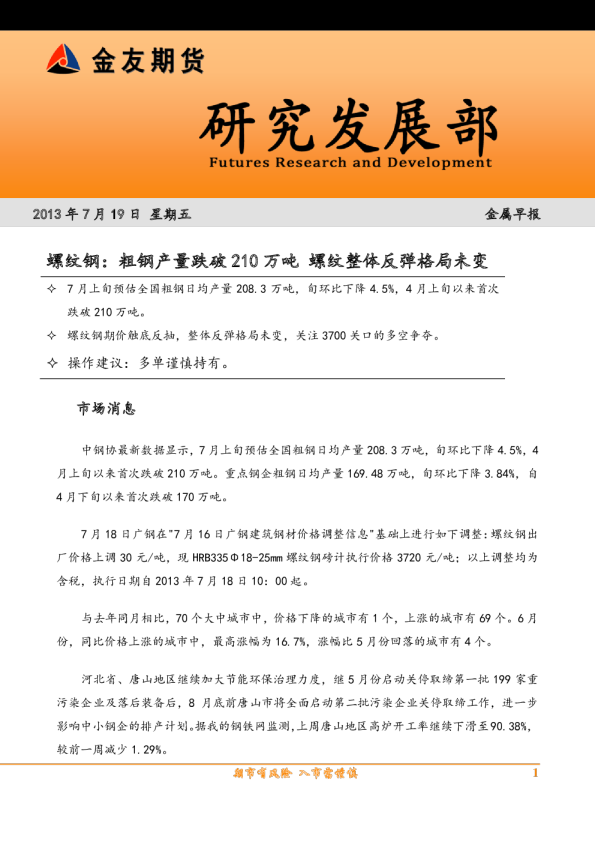 螺纹早报：粗钢产量跌破210万吨,螺纹整体反弹格局未变