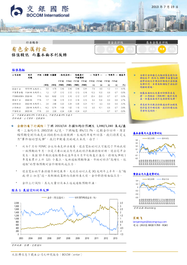 有色金属行业：估值较低,而基本面不利反转