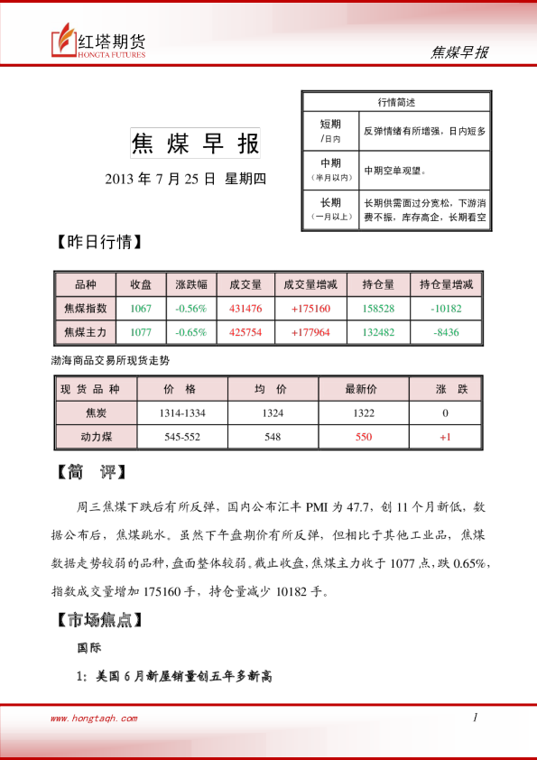 红塔期货焦煤早报