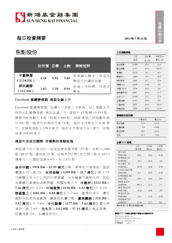 新鸿基每日投资摘要