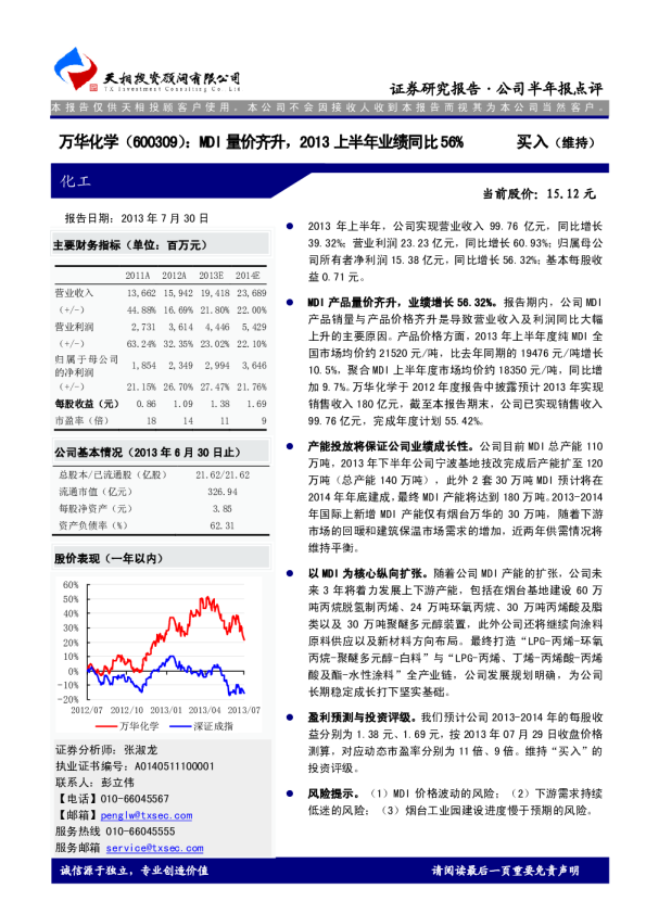 MDI量价齐升，2013上半年业绩同比56％