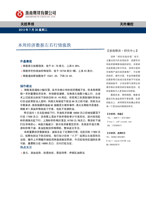 天胶早报：本周经济数据左右行情涨跌