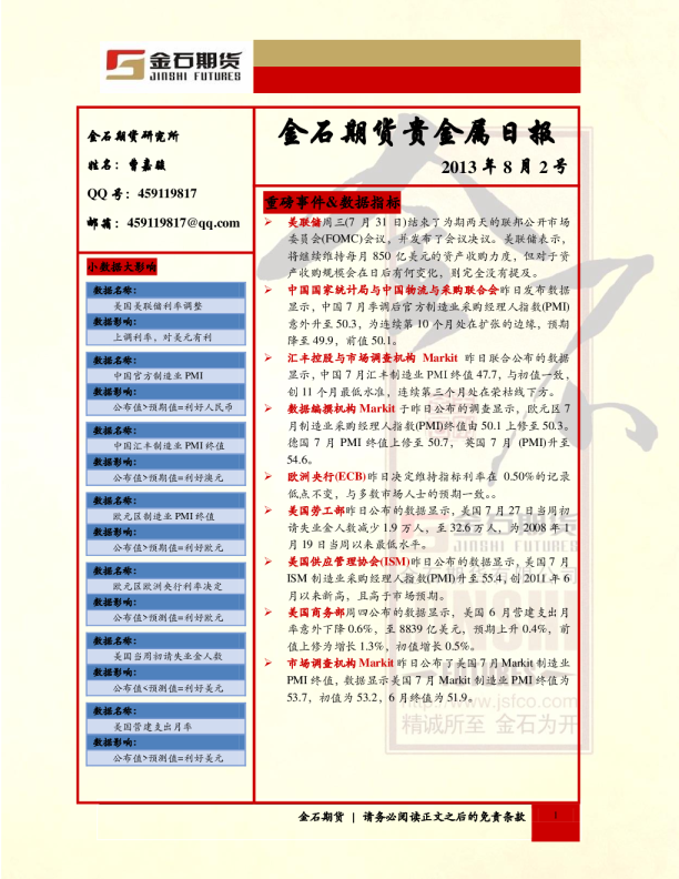 金石期货贵金属日报