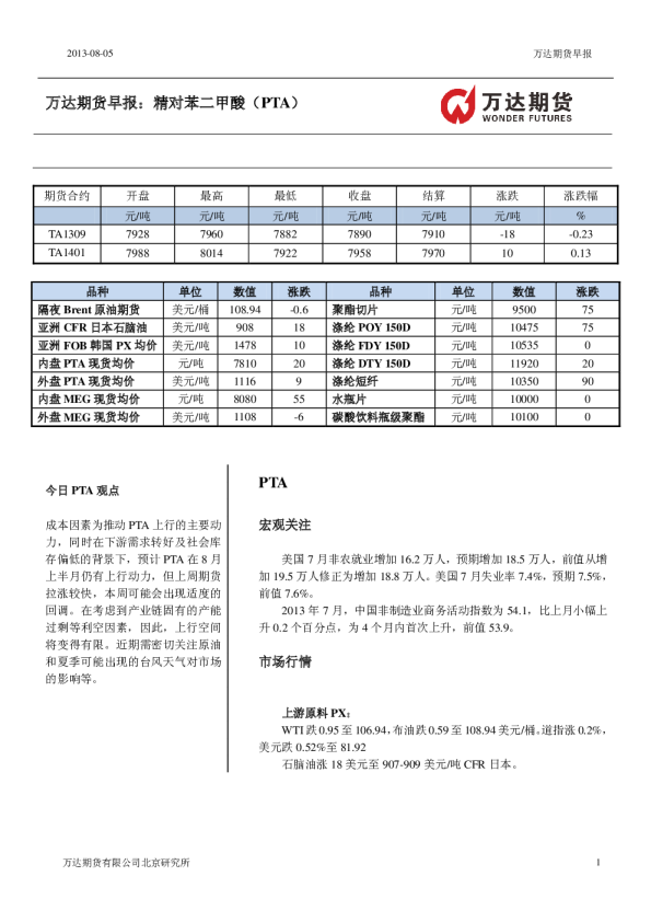 万达期货PTA早报