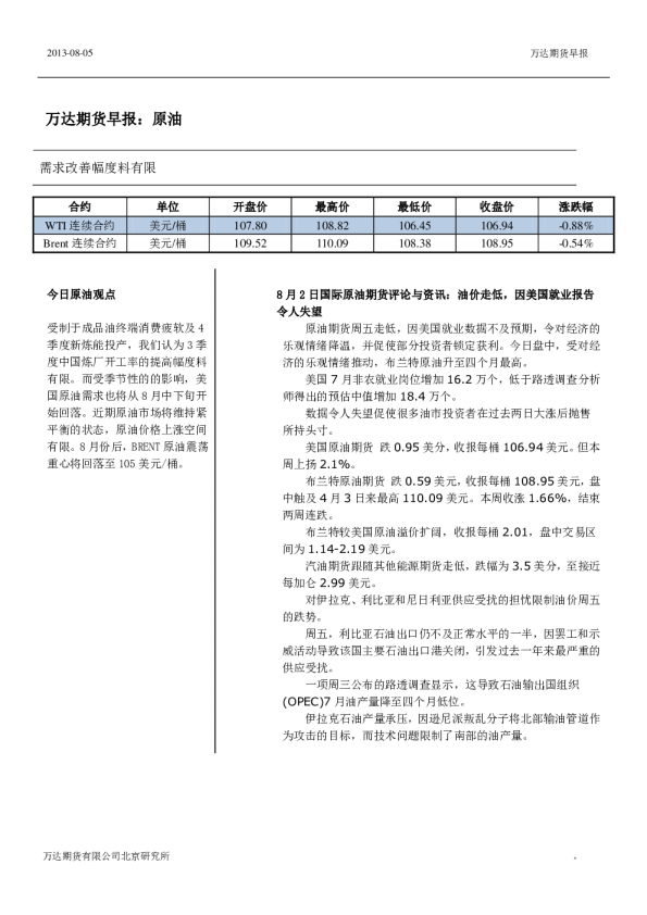 万达期货原油早报
