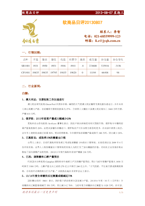 金源期货软商品日评