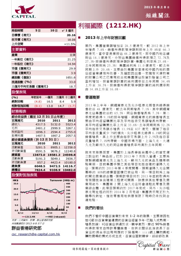 利福国际：短线关注