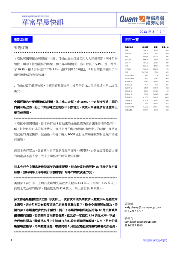 华富港股(8月9日)快讯