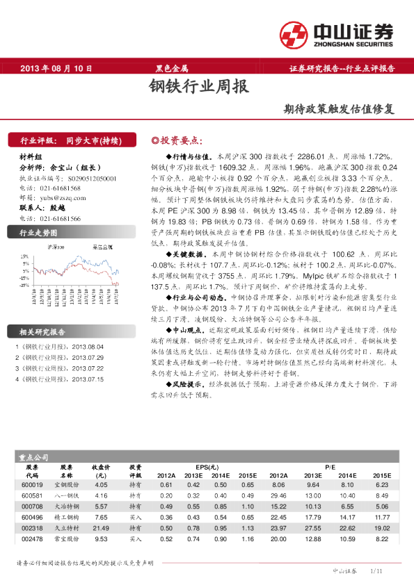 钢铁行业：期待政策触发估值修复