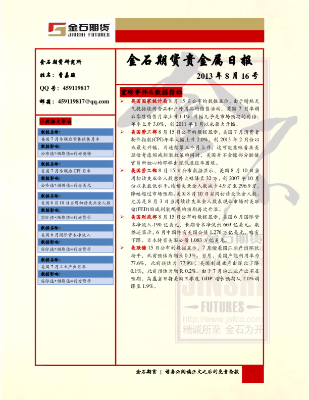 金石期货贵金属日报