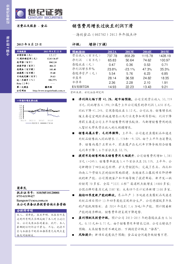 2013半年报点评：销售费用增长过快
