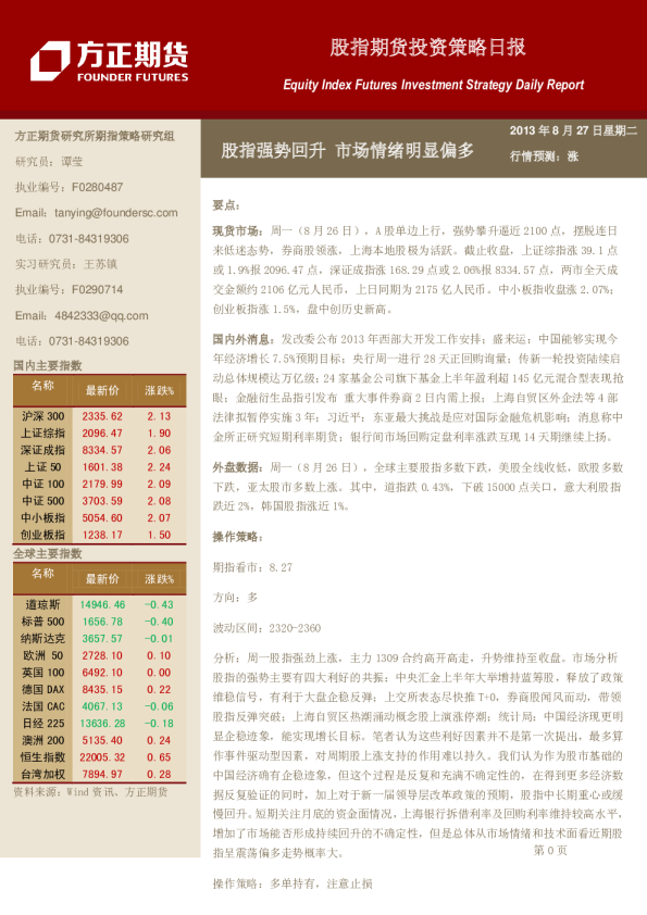 股指期货投资策略日报：股指强势回升,市场情绪明显偏多