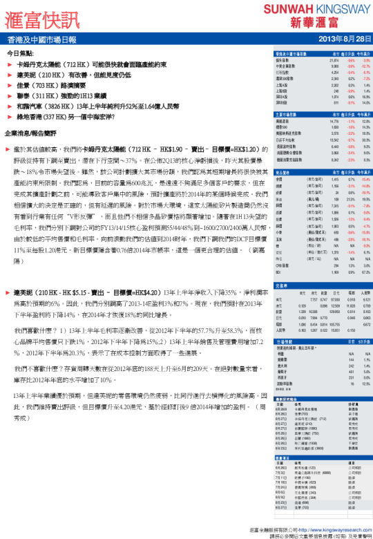 汇富证券香港及中国市场日报