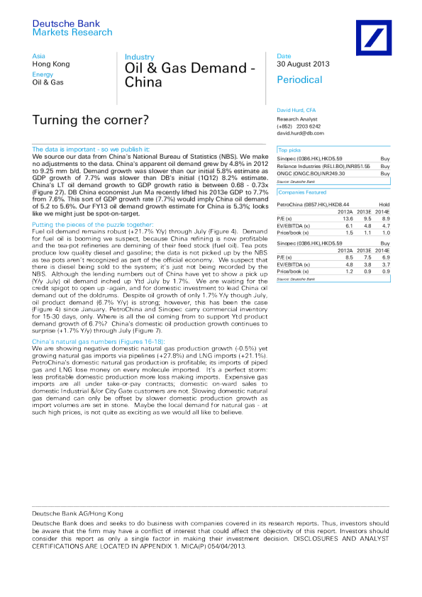 Oil & Gas Demand -China：Turning the corner?
