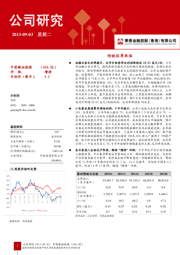 中国粮油控股：传统旺季来临