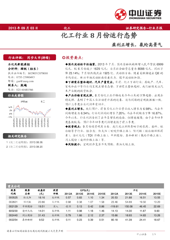 化工行业8月份运行态势：盈利正增长,氨纶高景气