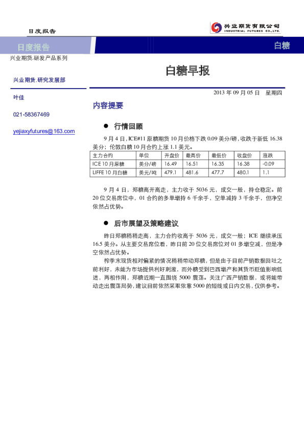 兴业期货研发中心白糖早报