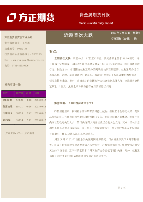 贵金属期货日报：近期首次大跌