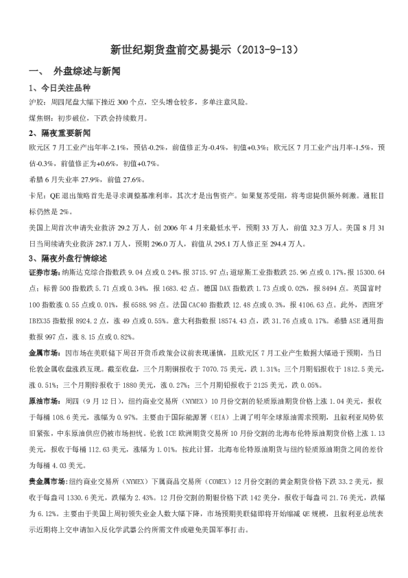 新世纪期货盘前交易提示