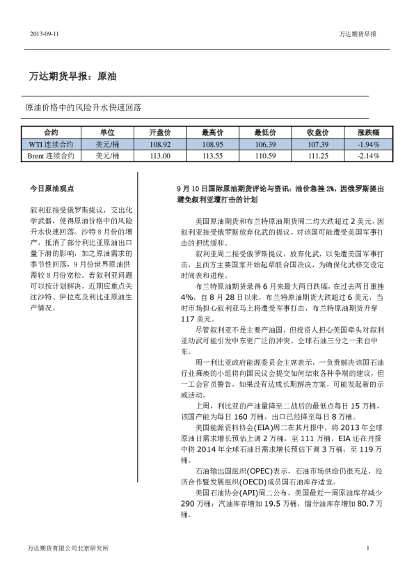 原油早报：原油价格中的风险升水快速回落