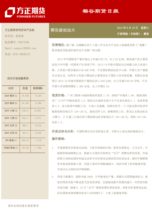 稻谷日报：稻谷波动加大